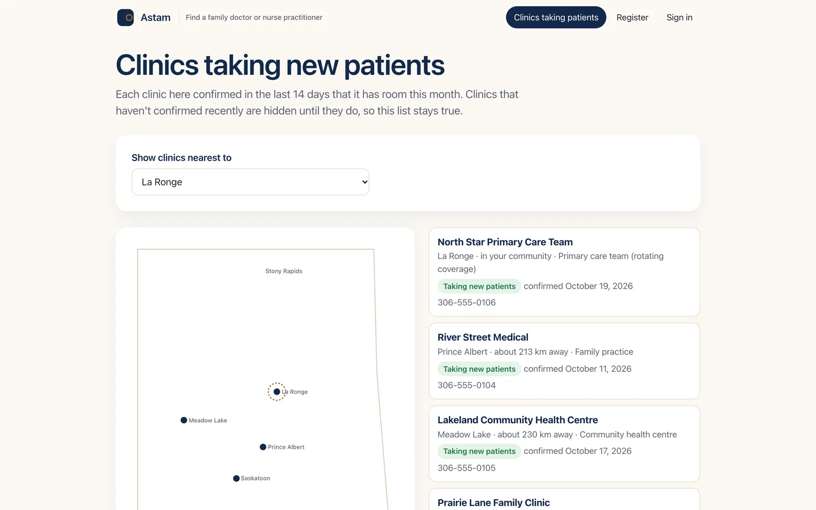 Astam public list of clinics taking new patients, each with the date it last confirmed capacity